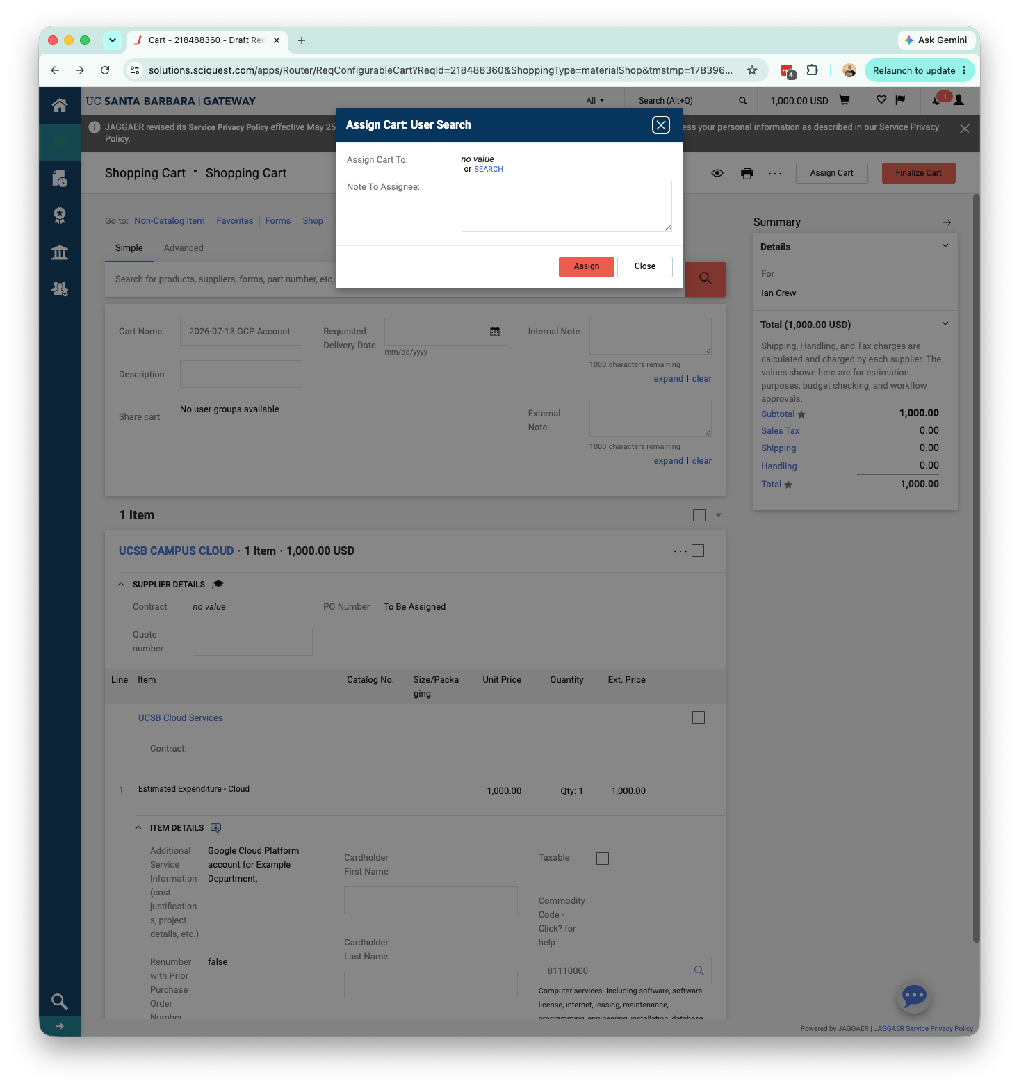 Gateway cart showing Commodity Code field set to 81110000