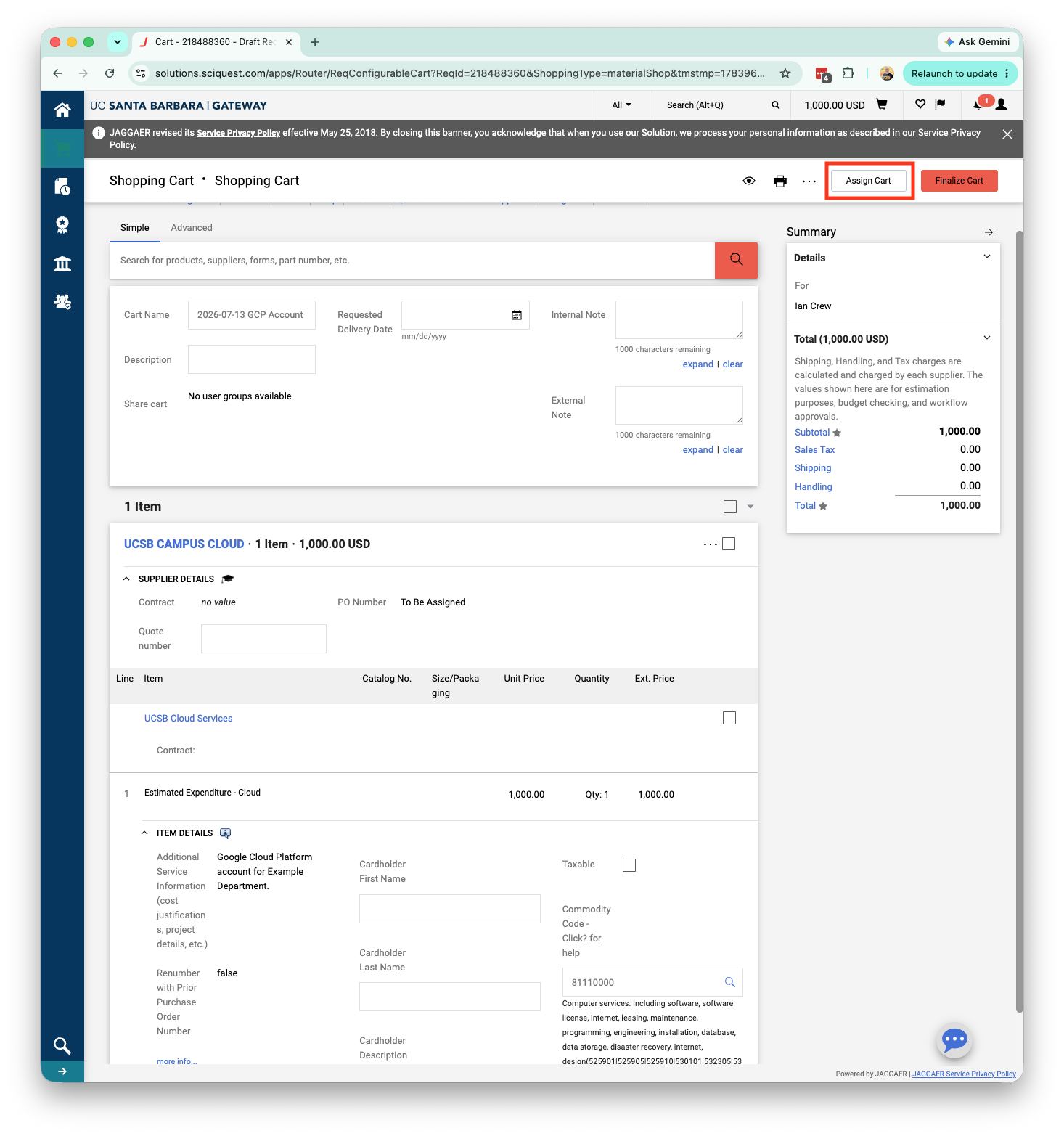 Gateway Procurement System home page showing the Campus Cloud form link