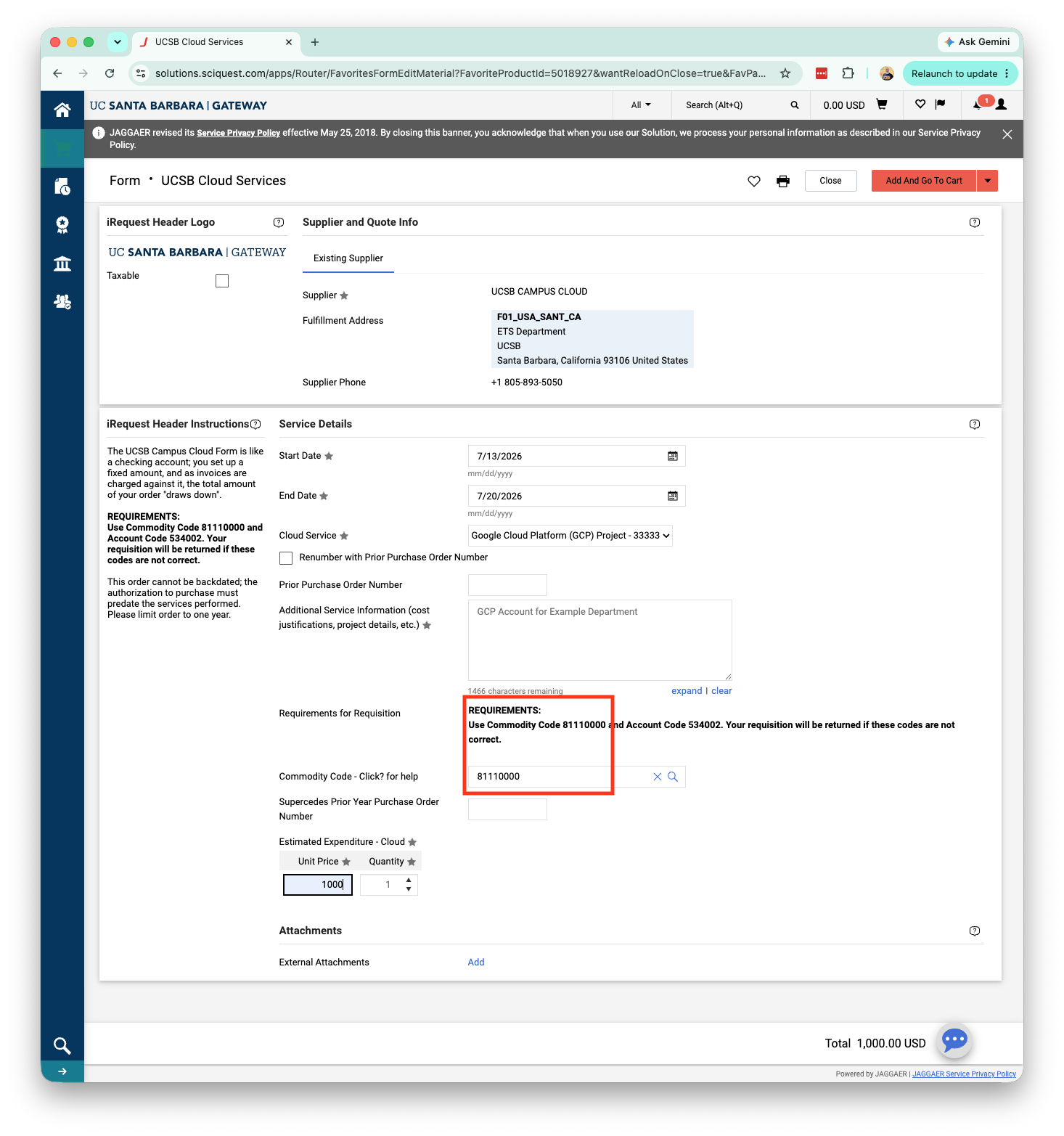 Gateway Procurement System home page showing the Campus Cloud form link