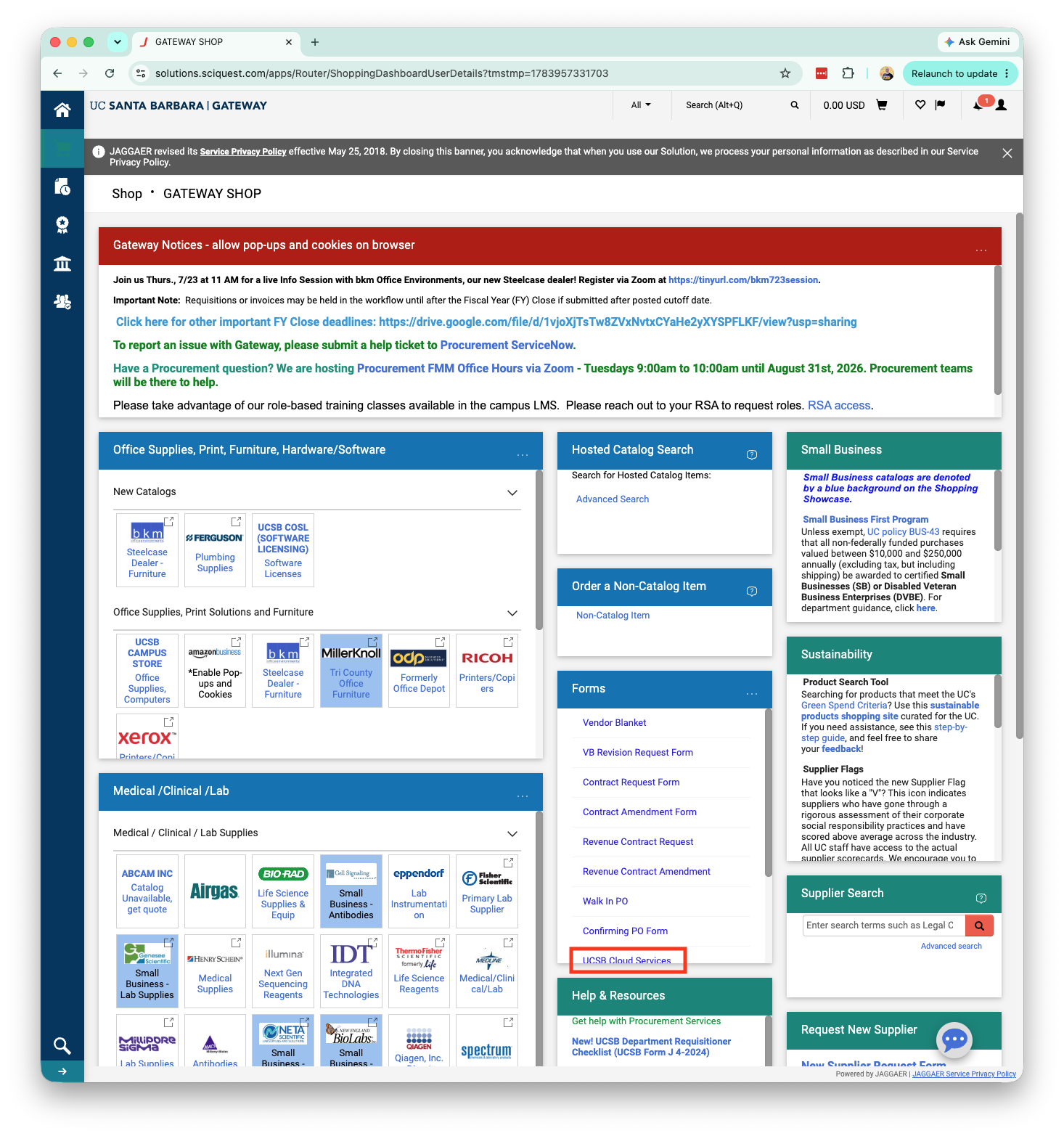 Gateway Procurement System home page showing the Campus Cloud form link